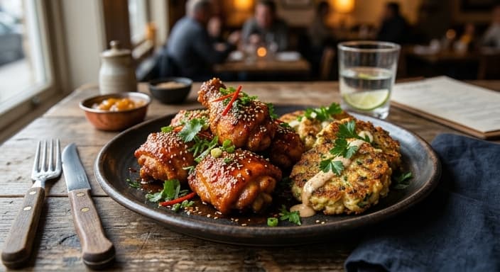 Indian-Style Chicken Gangjung (Tikka-Sweet Heat) with Cauliflower Rice Cakes