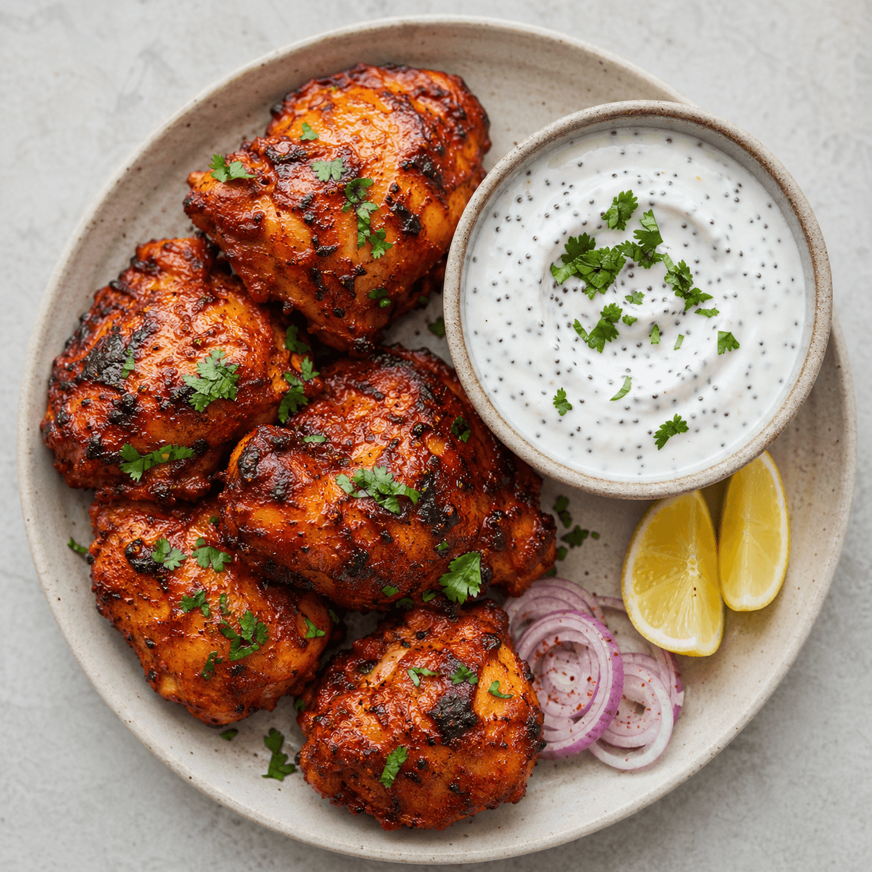Indian Tandoori Chicken Thighs with Poppy Seed Yogurt