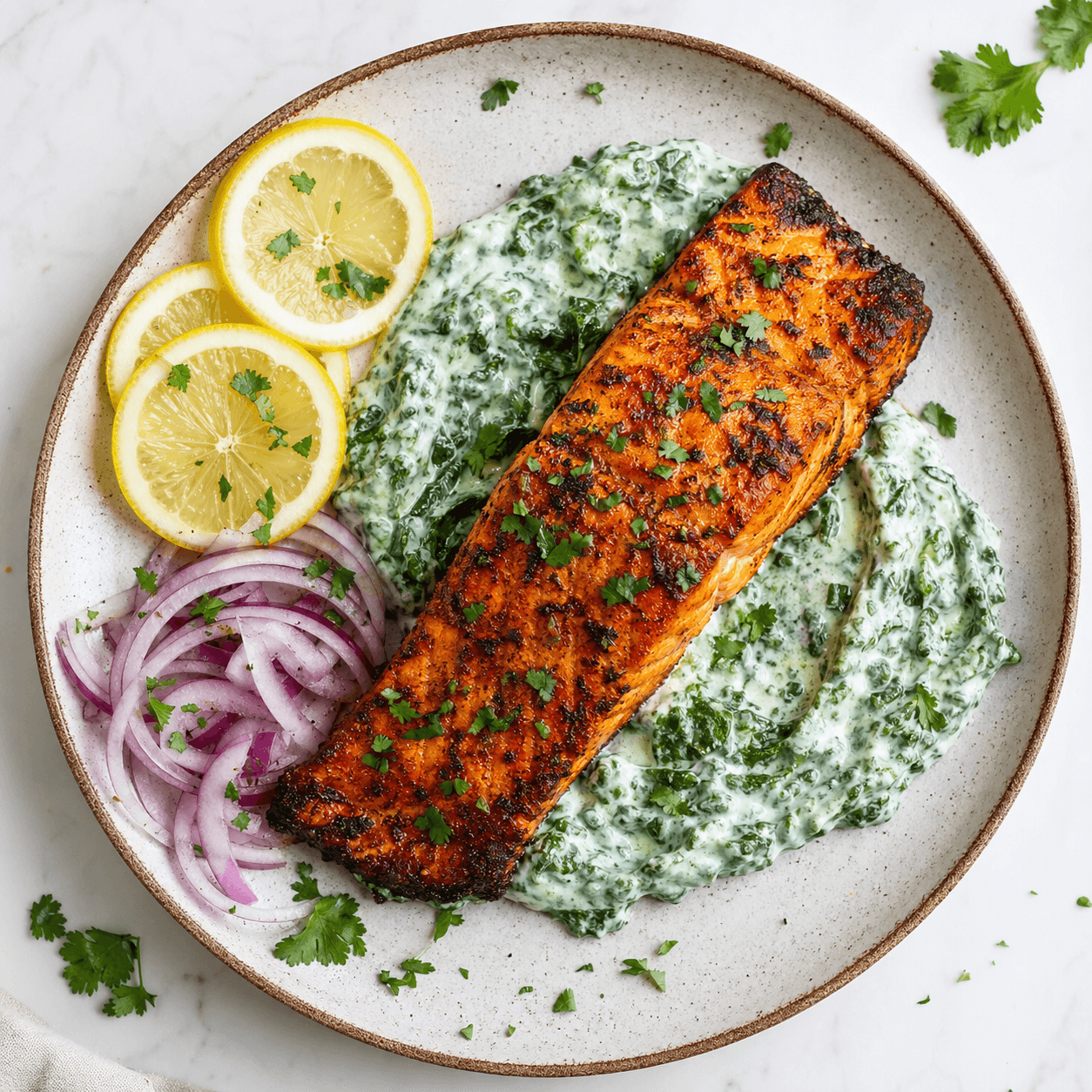 Indian Tandoori-Style Salmon with Spinach Yogurt (Low-Carb)