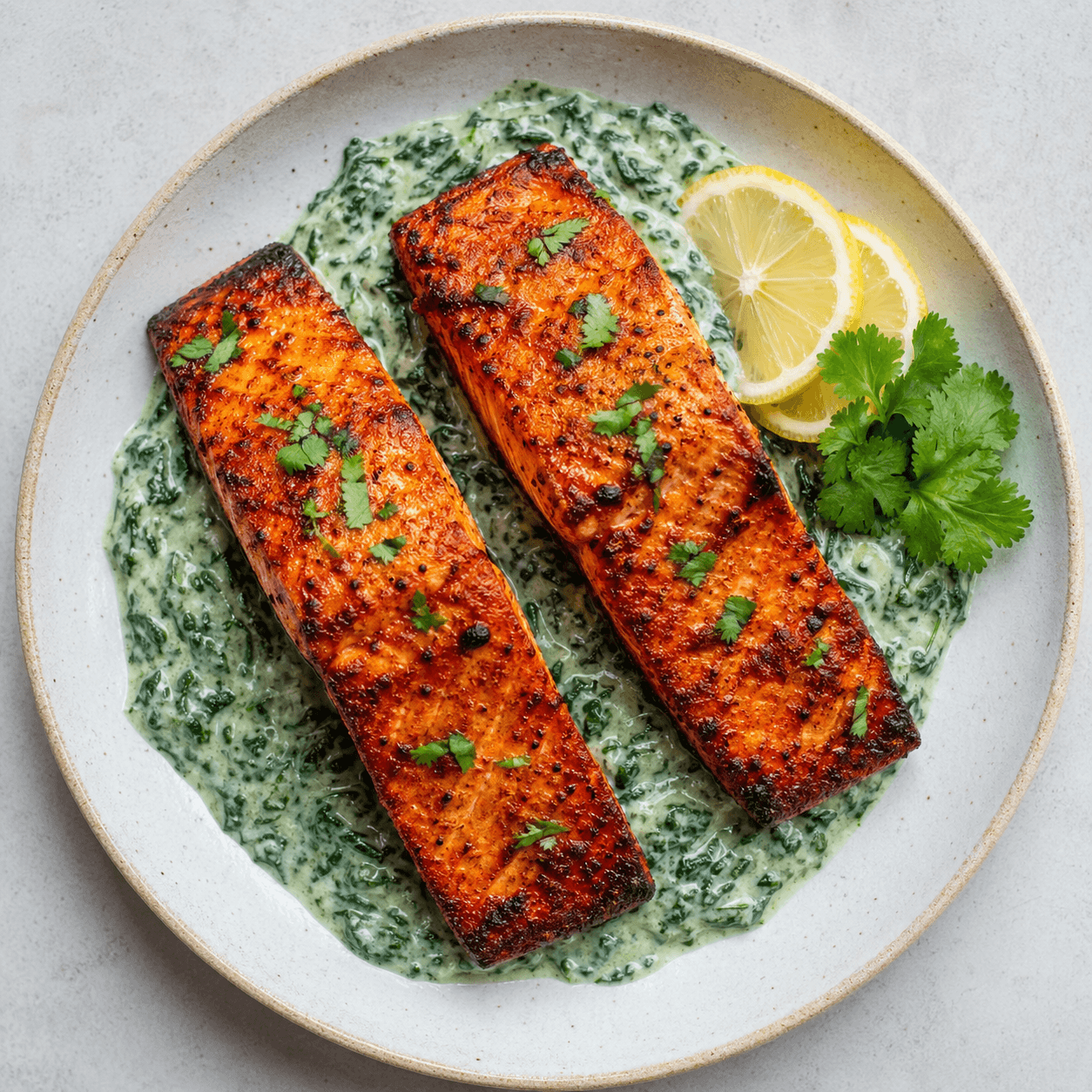 Indian Tandoori-Style Salmon with Spinach Yogurt Sauce (Low-Carb)