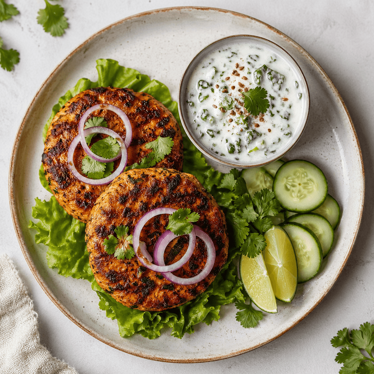 Indian Tandoori-Style Turkey Burgers with Spinach Raita (Low-Carb)