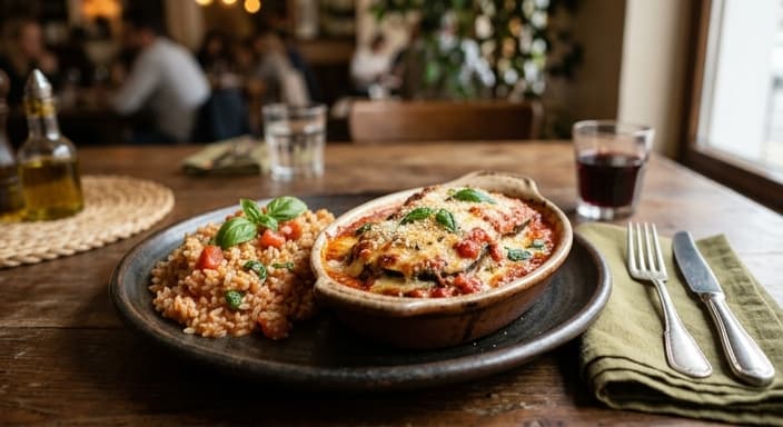 Italian Eggplant Parmesan-Style with Tomato and Rice
