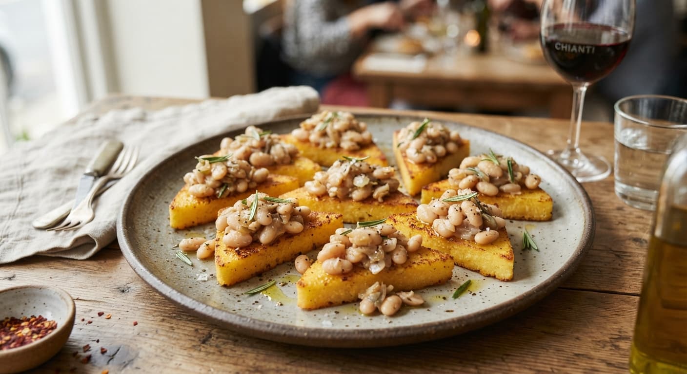 Italian White Bean & Rosemary Crostini on Polenta Toasts