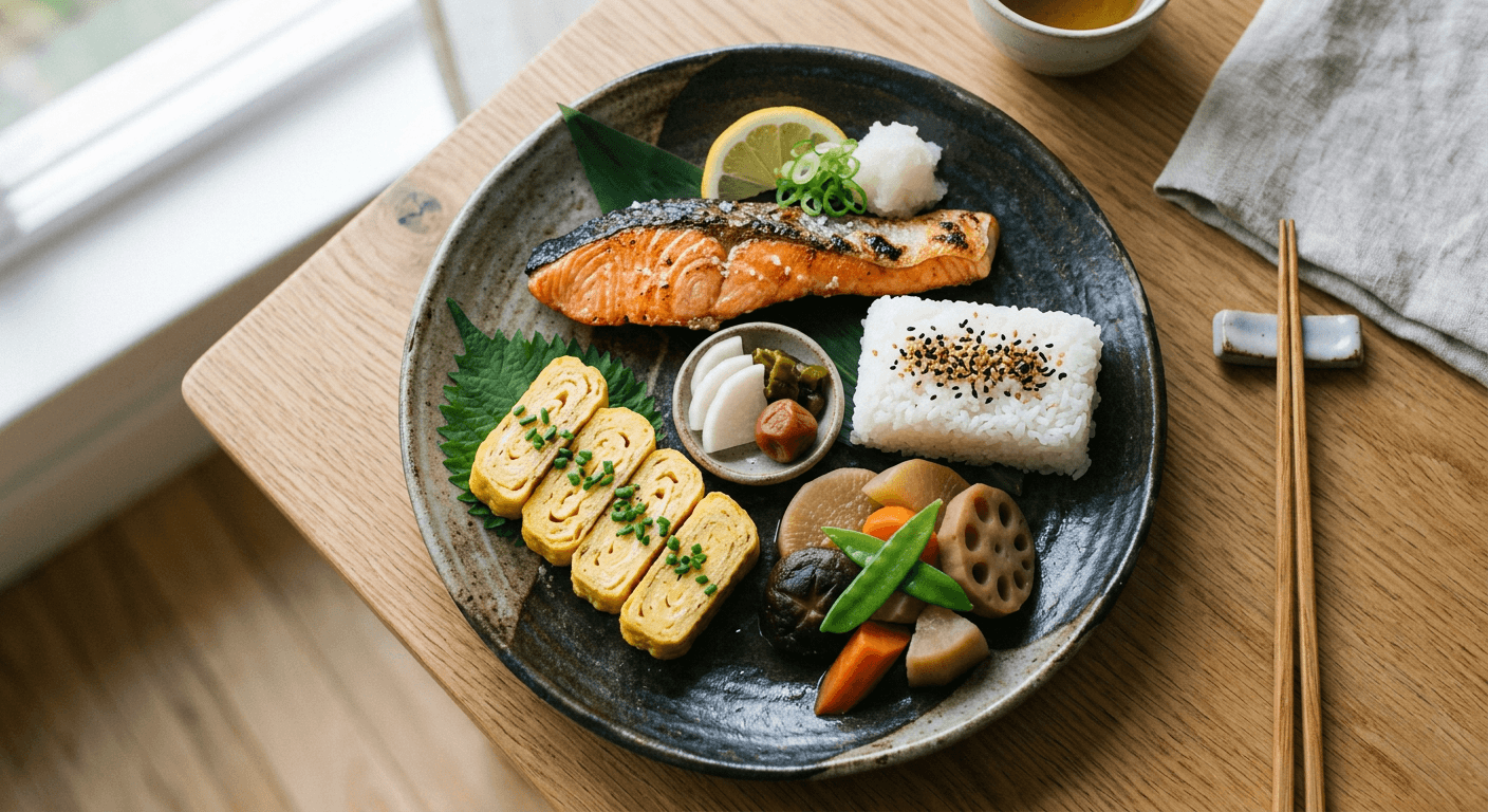 Japanese Bento Box Trio: Grilled Fish, Tamagoyaki, and Nimono