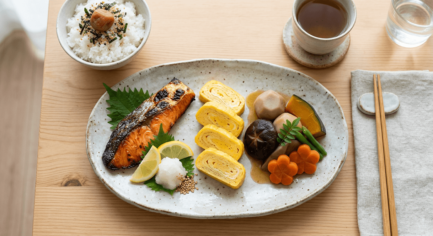 Japanese Bento Box Trio: Grilled Fish, Tamagoyaki, and Nimono