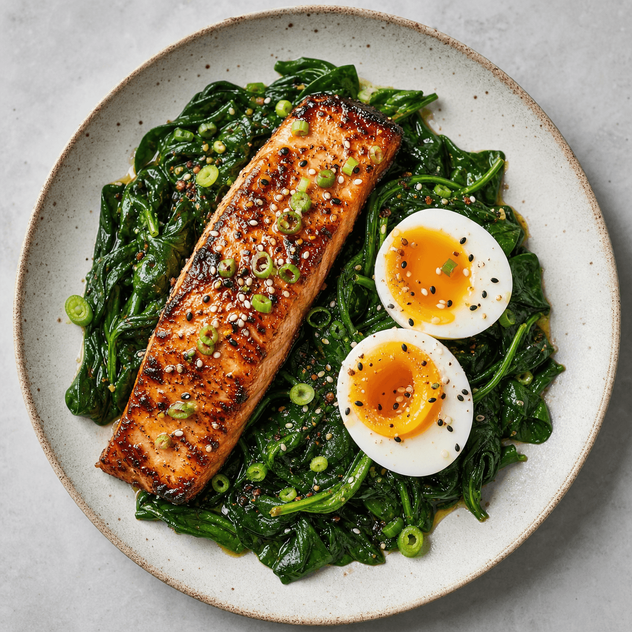Japanese-Inspired Miso Salmon with Spinach & Soft Eggs (Low-Carb)