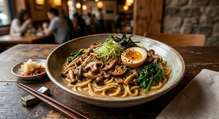 Japanese Miso-Butter Noodles with Mushrooms and Spinach