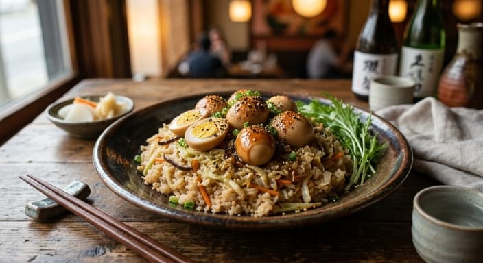 Japanese Miso-Butter Quail Eggs over Cabbage Rice