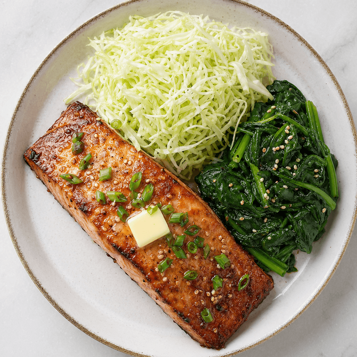 Japanese Miso-Butter Salmon with Spinach and Shredded Cabbage (Low-Carb)