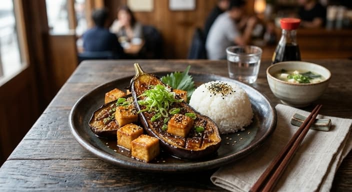 Japanese Miso-Glazed Eggplant with Tofu and Rice
