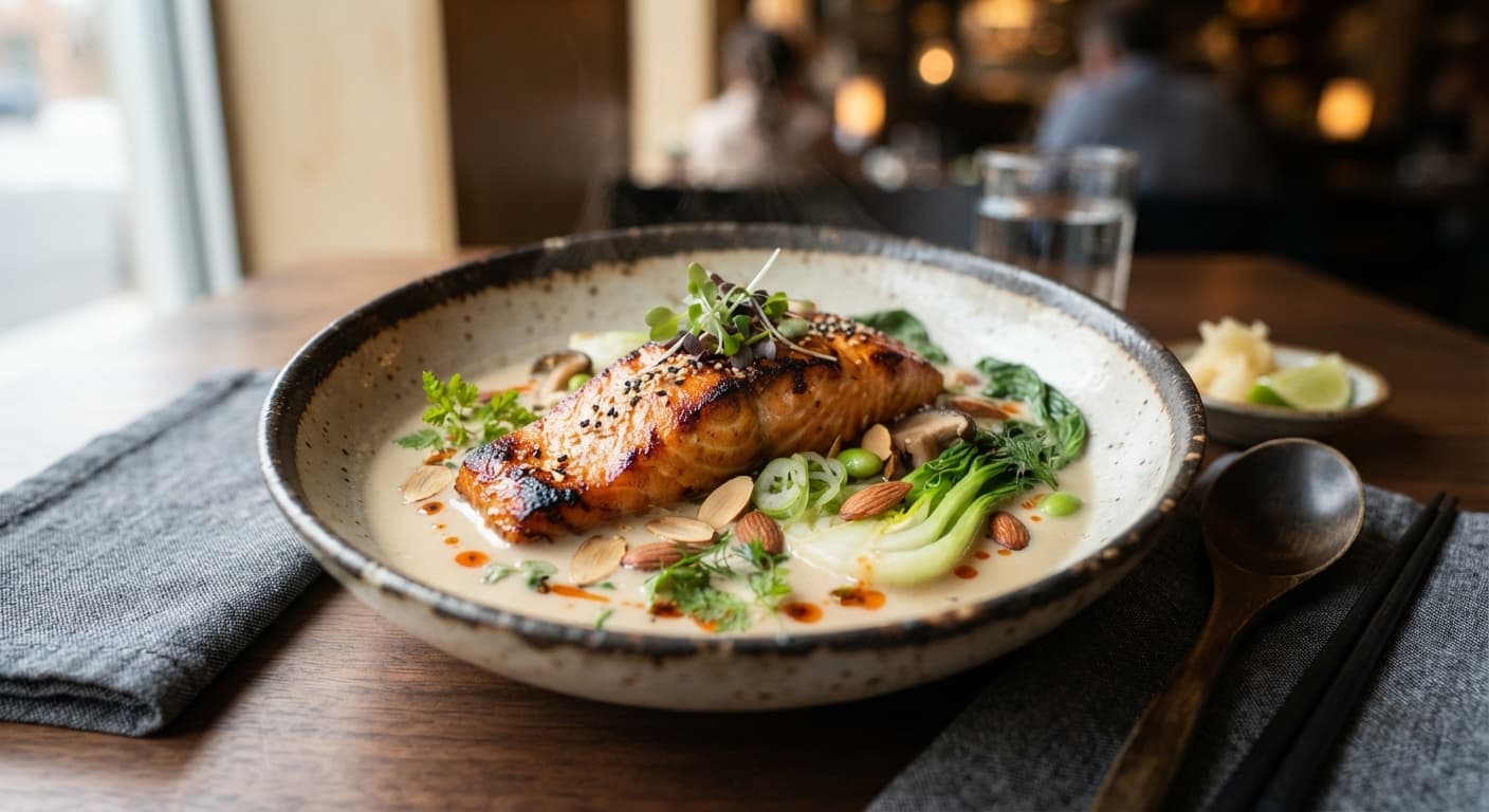 Japanese Miso‑Glazed Salmon with Almond Milk Broth