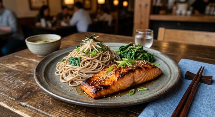 Japanese Miso-Glazed Salmon with Soba and Spinach