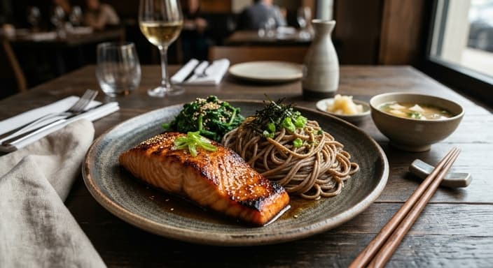 Japanese Miso Salmon with Soba and Spinach