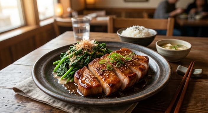 Japanese Miso-Style (No Soy) Salmon-Free Teriyaki Pork with Spinach