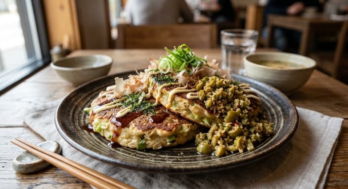Japanese Oat & Egg Savory Pancakes with Green Olive Crunch