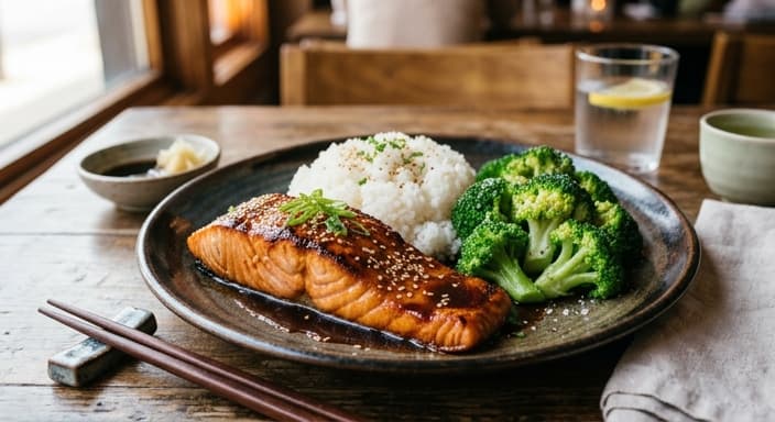 Japanese Salmon Teriyaki with Broccoli and Rice