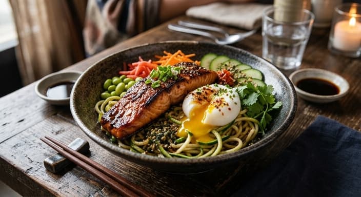 Japanese Salmon Teriyaki Zoodle Bowl with Egg Yolk Sauce