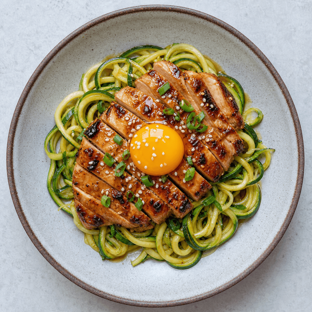 Japanese-Style Chicken Teriyaki Zoodles with Egg Yolk Sauce (Low-Carb)