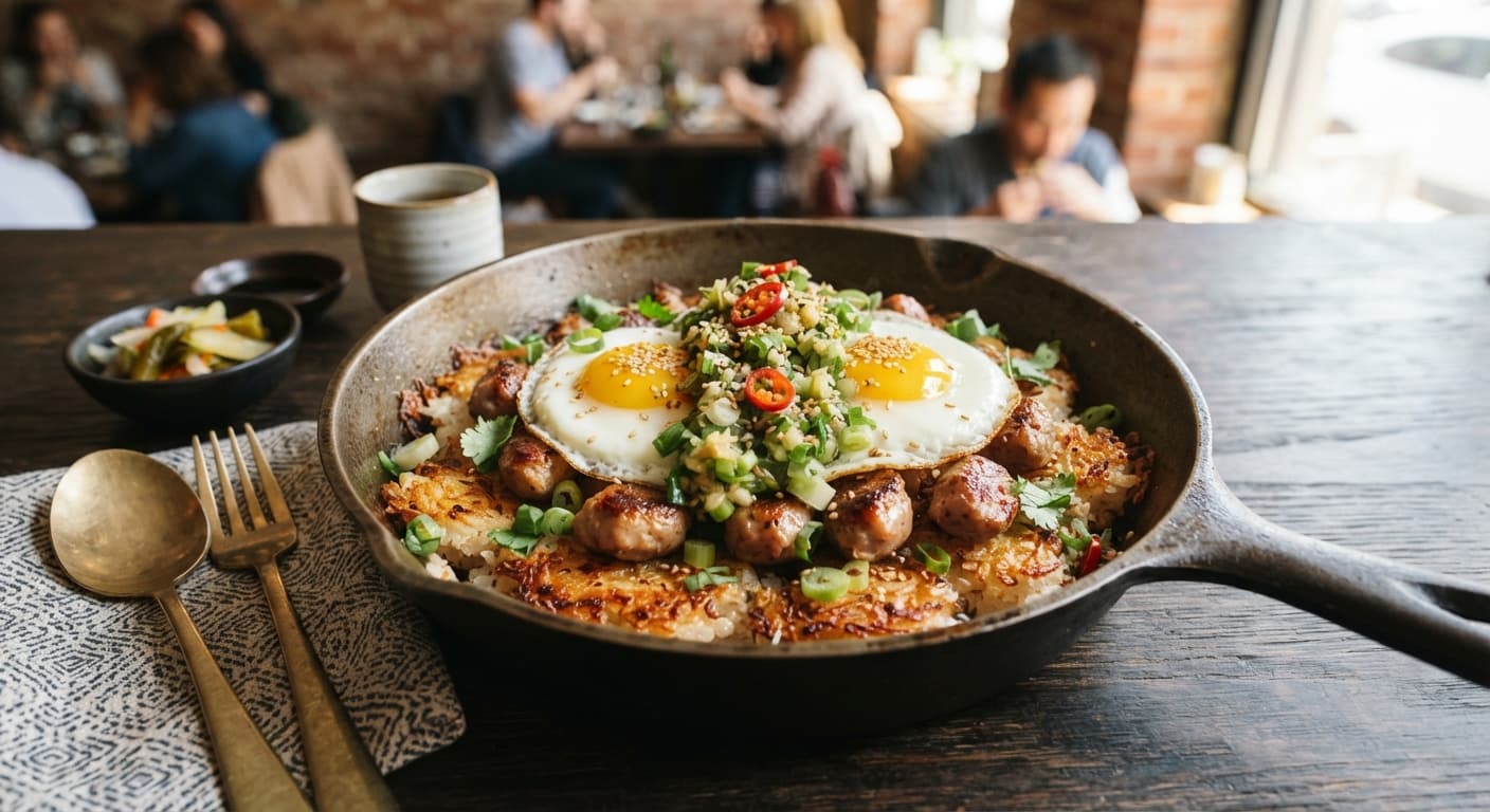 Japanese-Style Crispy Rice Breakfast Skillet with Chicken Sausage and Ginger-Scallion Relish