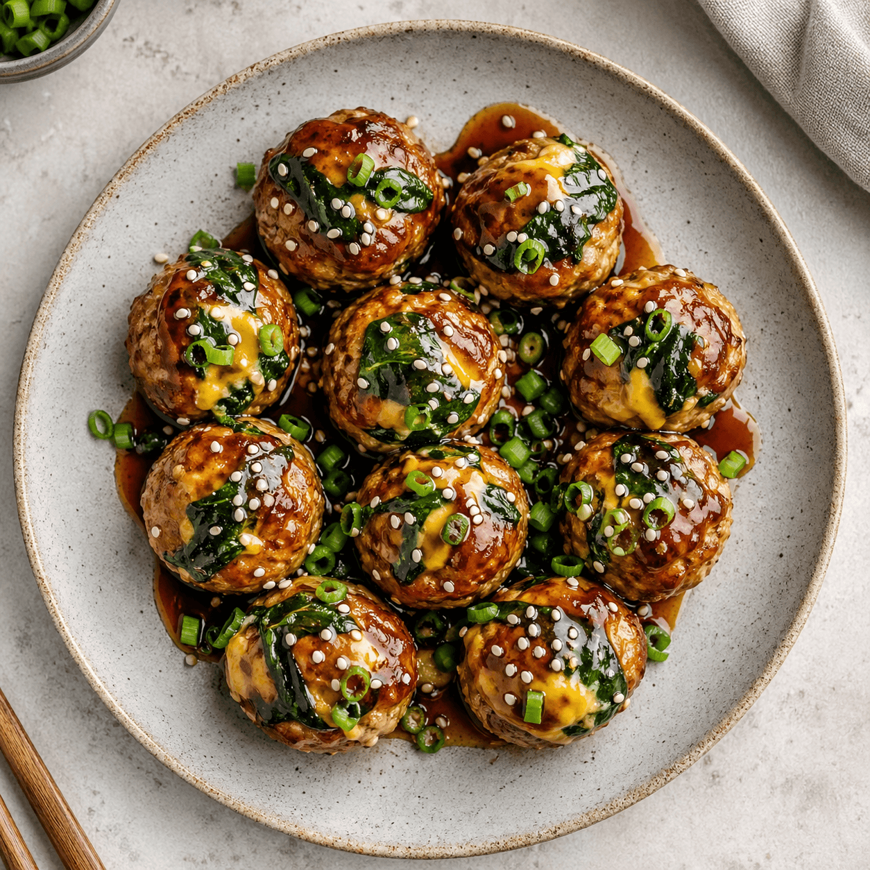 Japanese-Style Teriyaki Turkey Meatballs with Spinach Egg Glaze (Low-Carb)