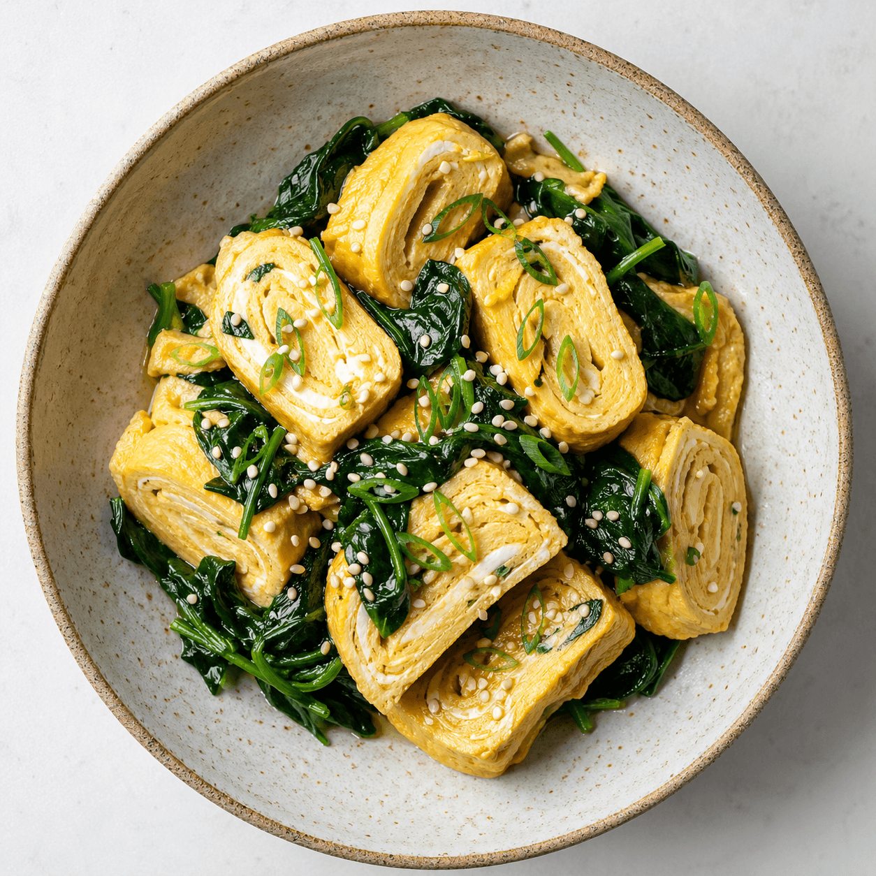 Japanese Tamagoyaki-Style Egg Roll Bowl with Spinach (Low-Carb)