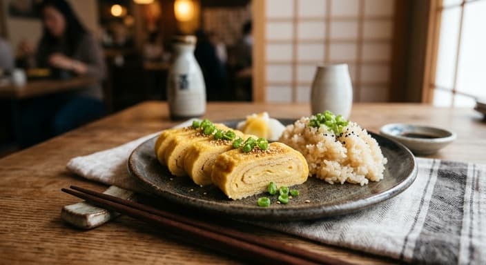 Japanese Tamagoyaki-Style Egg Rolls with Rice and Scallions
