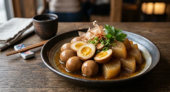 Japanese Tea-Style Soy Quail Eggs with Daikon (Low-Carb Oden Twist)