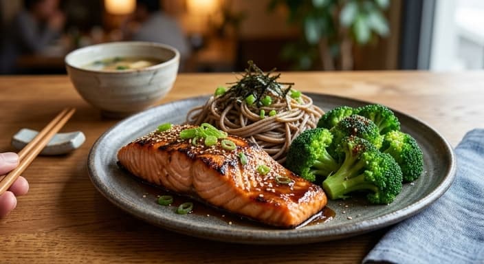 Japanese Teriyaki Salmon with Broccoli and Soba