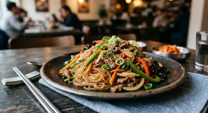 Japchae (Sweet Potato Glass Noodles) with Stir-Fried Vegetables