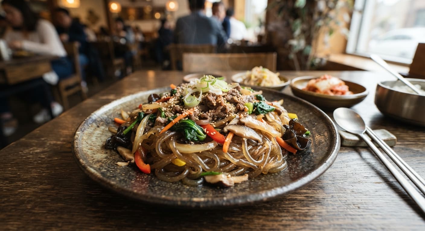 Japchae with Hand-Cut Glass Noodles