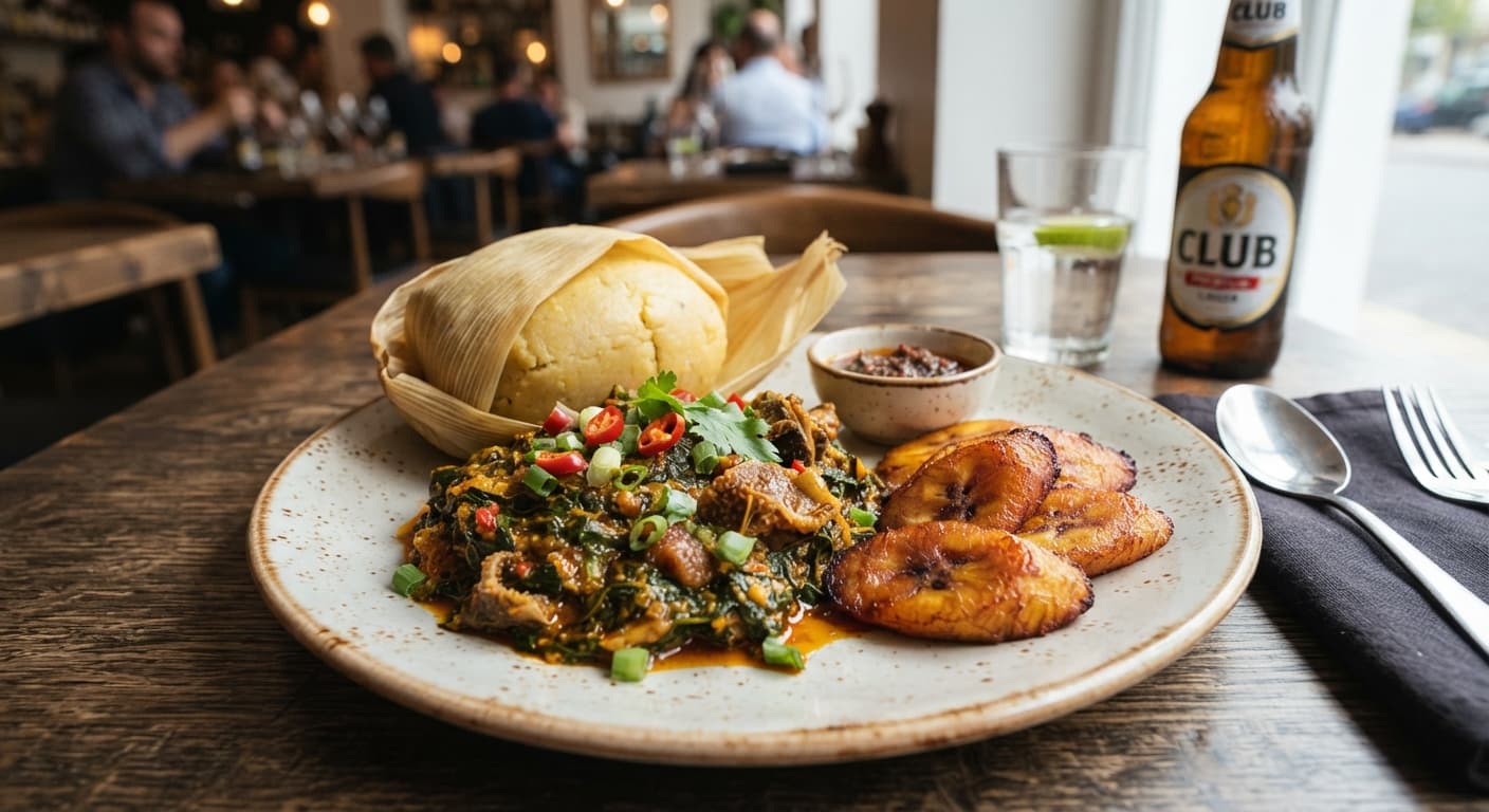 Kenkey and Okro Stew with Fried Plantains