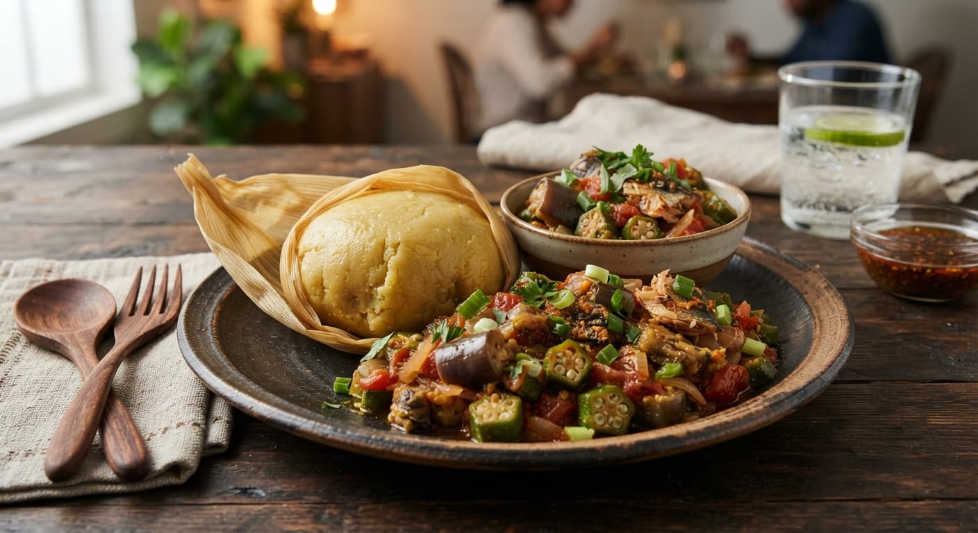 Kenkey with Okro & Eggplant Tomato Stew
