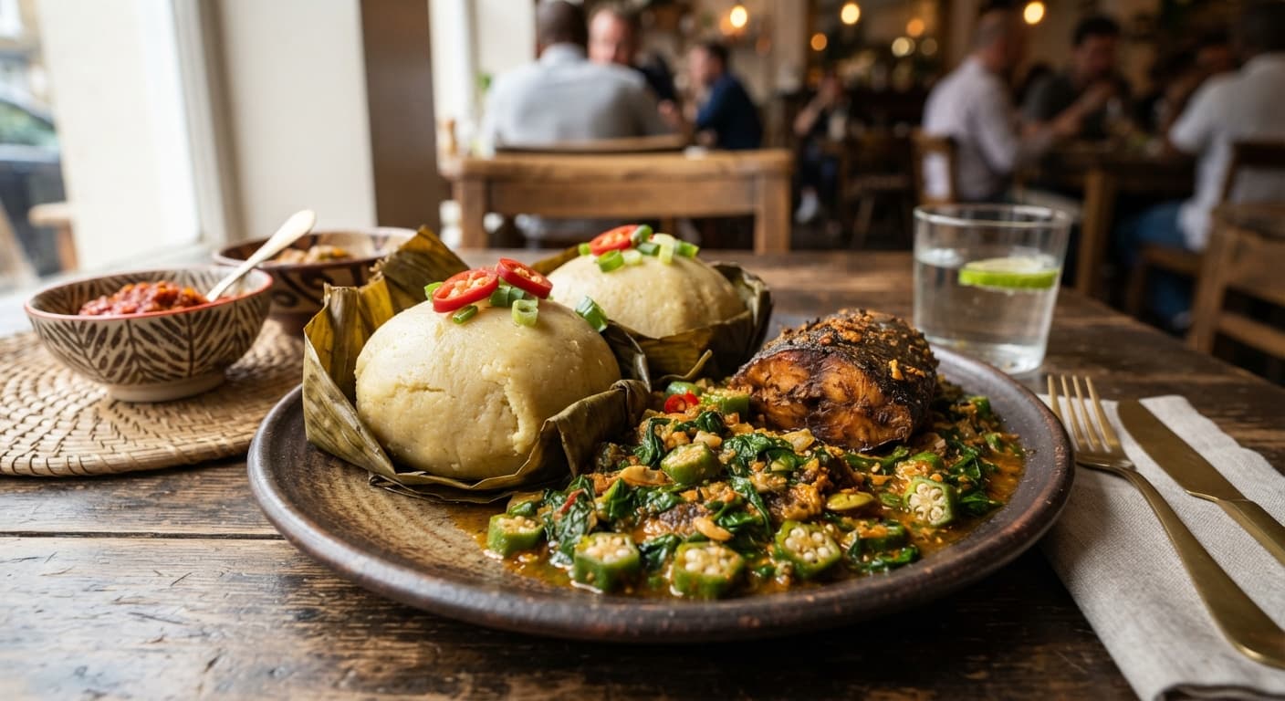 Kenkey with Okro & Smoked Tilapia Stew