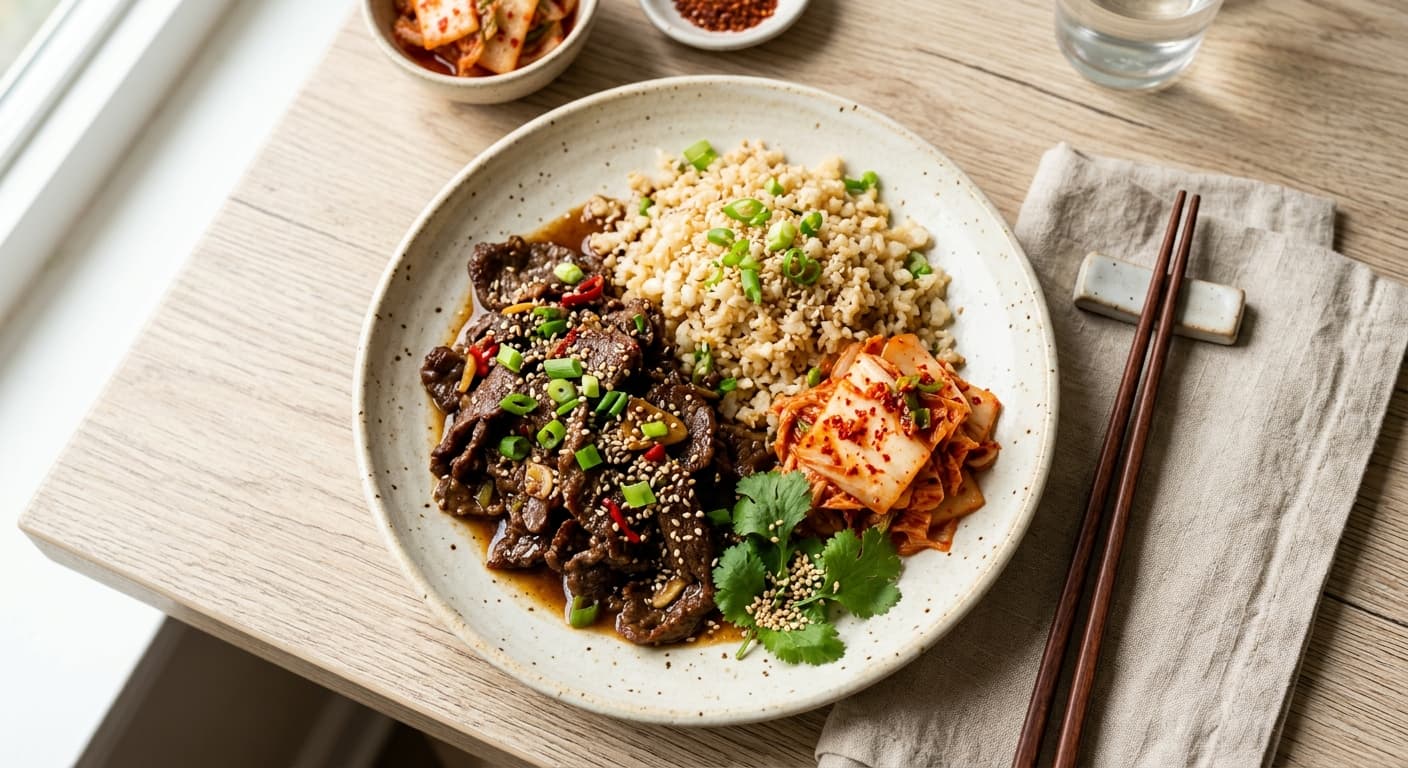 Keto Beef Bulgogi with Cauliflower Rice and Homemade Kimchi