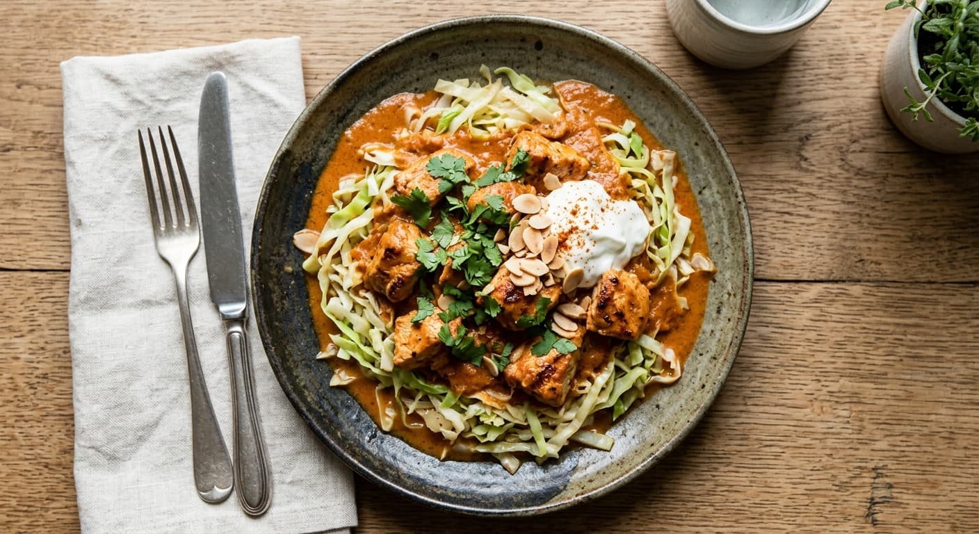 Keto Chicken Tikka Masala over Cabbage Ribbons