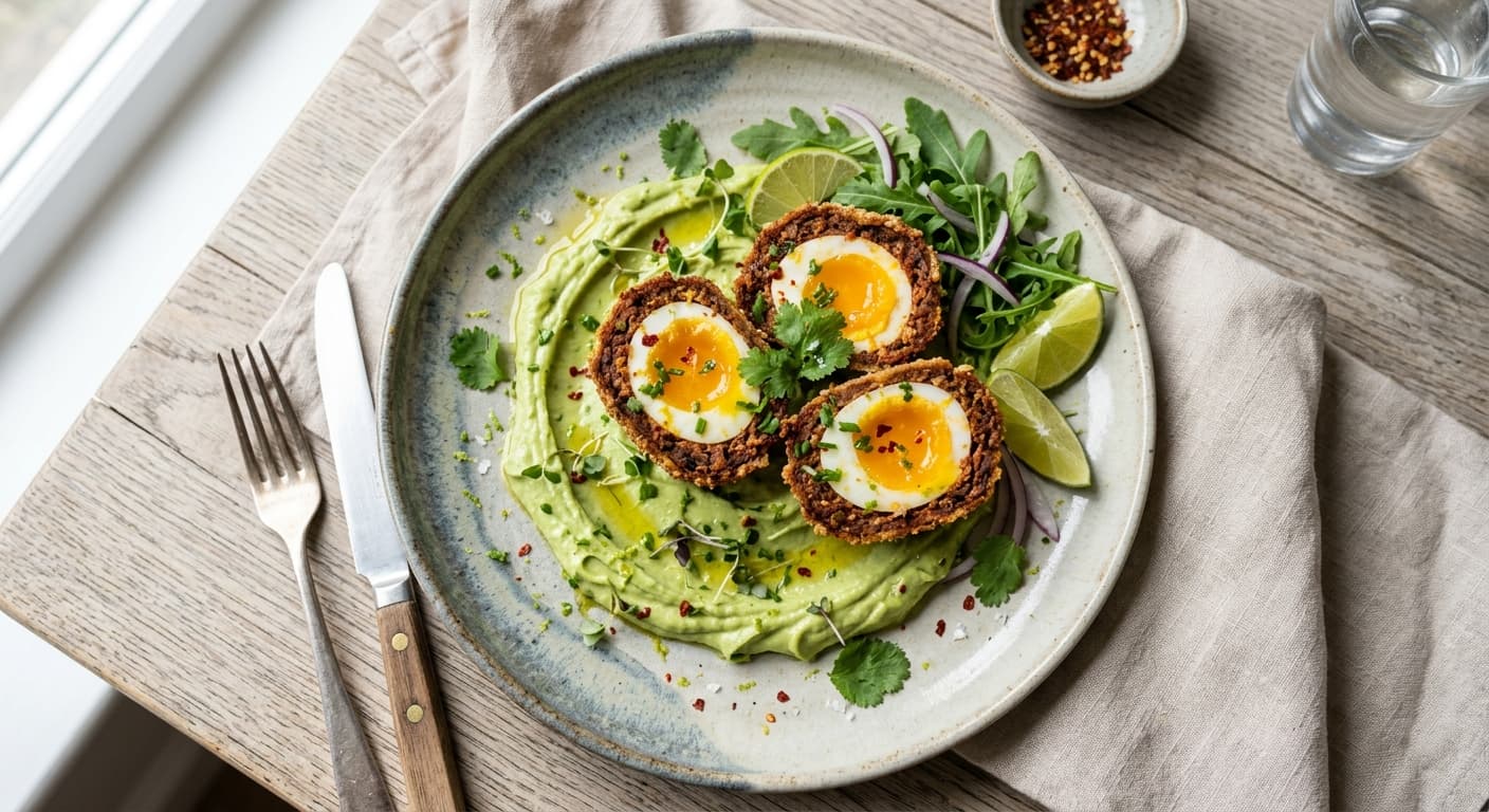 Keto Scotch Eggs with Chorizo and Avocado Crema