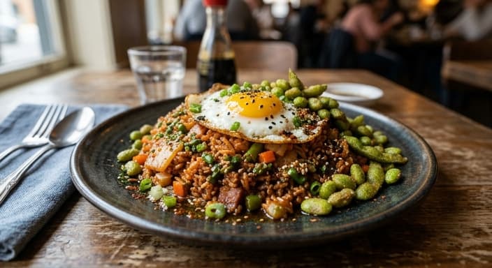 Kimchi Fried Rice with Crispy Edamame and Sesame-Scallion Oil