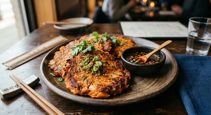 Kimchi Jeon (Crispy Kimchi Pancakes) with Gochujang Soy Dip