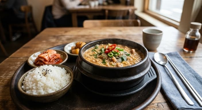 Kongbiji Jjigae (Soybean Mash Stew) with Kimchi and Rice