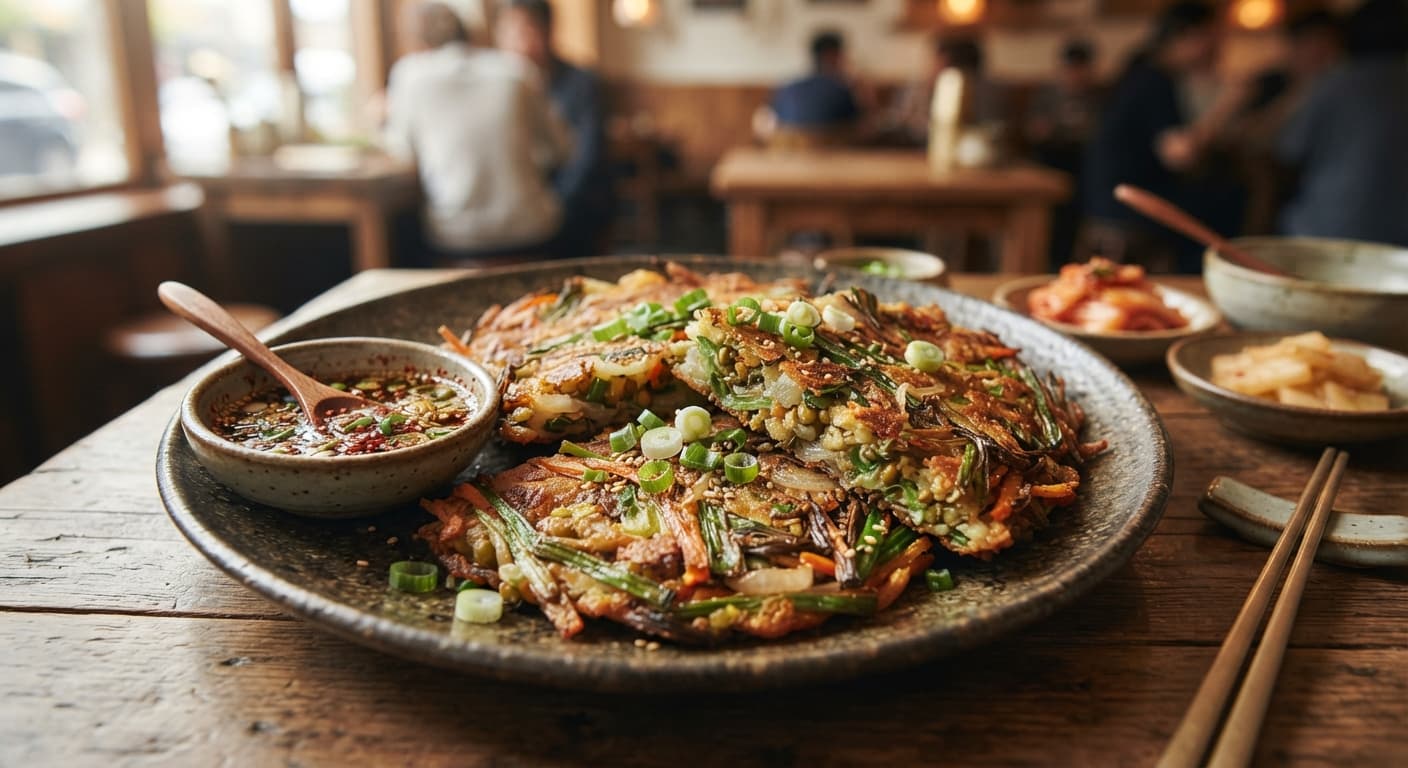 Korean Crispy Mung Bean and Vegetable Pajeon-Style Pancakes with Gochugaru Dipping Sauce