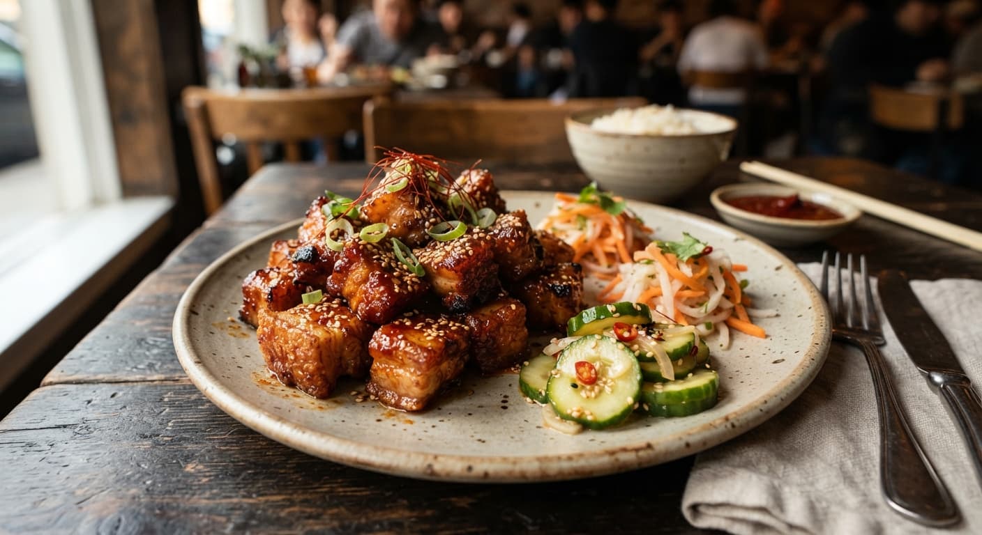 Korean Crispy Pork Belly Bites with Gochugaru Glaze and Quick Pickles