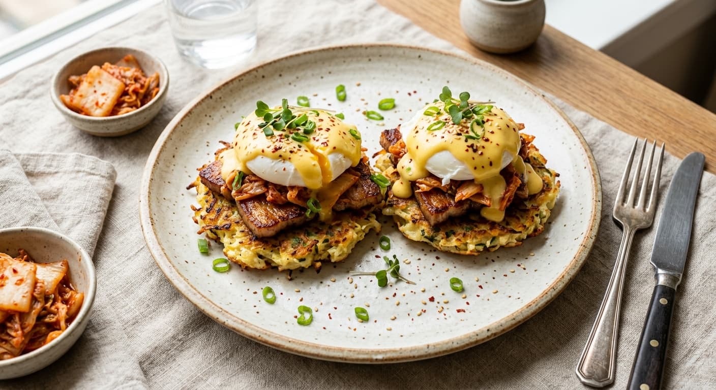 Korean Kimchi and Pork Belly Benedict on Cauliflower Latkes