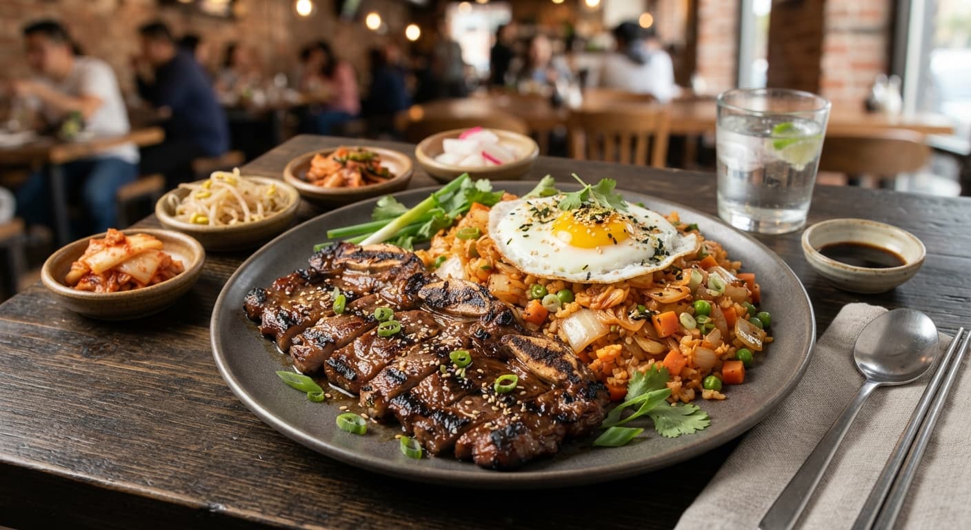 Korean Marinated Short Rib with Kimchi Cauliflower Fried Rice