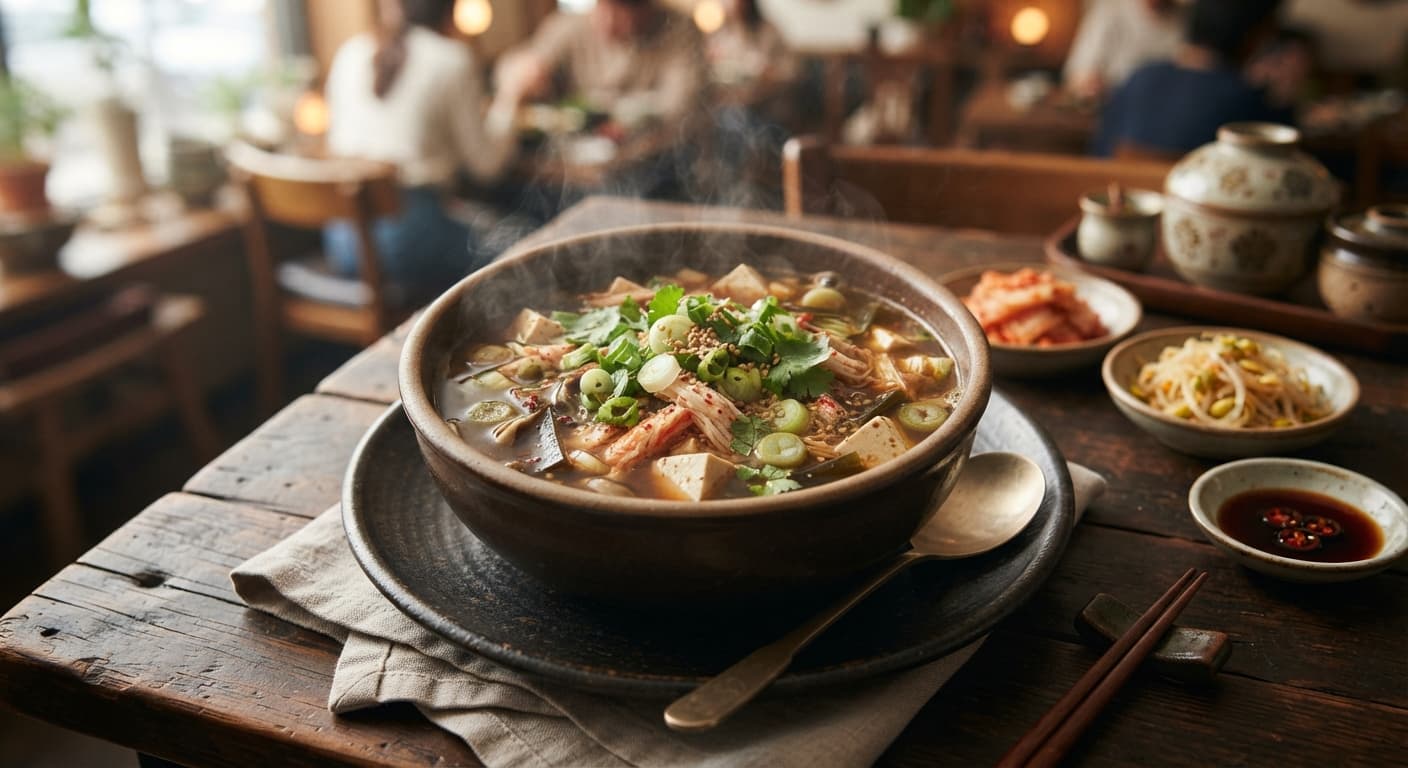 Korean Miso‑Based Soup with Imitation Crab (Ganjang Guk)