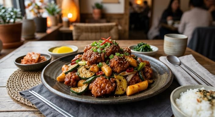 Korean Soy-Gochujang Chicken Gangjung with Zucchini Rice Cakes