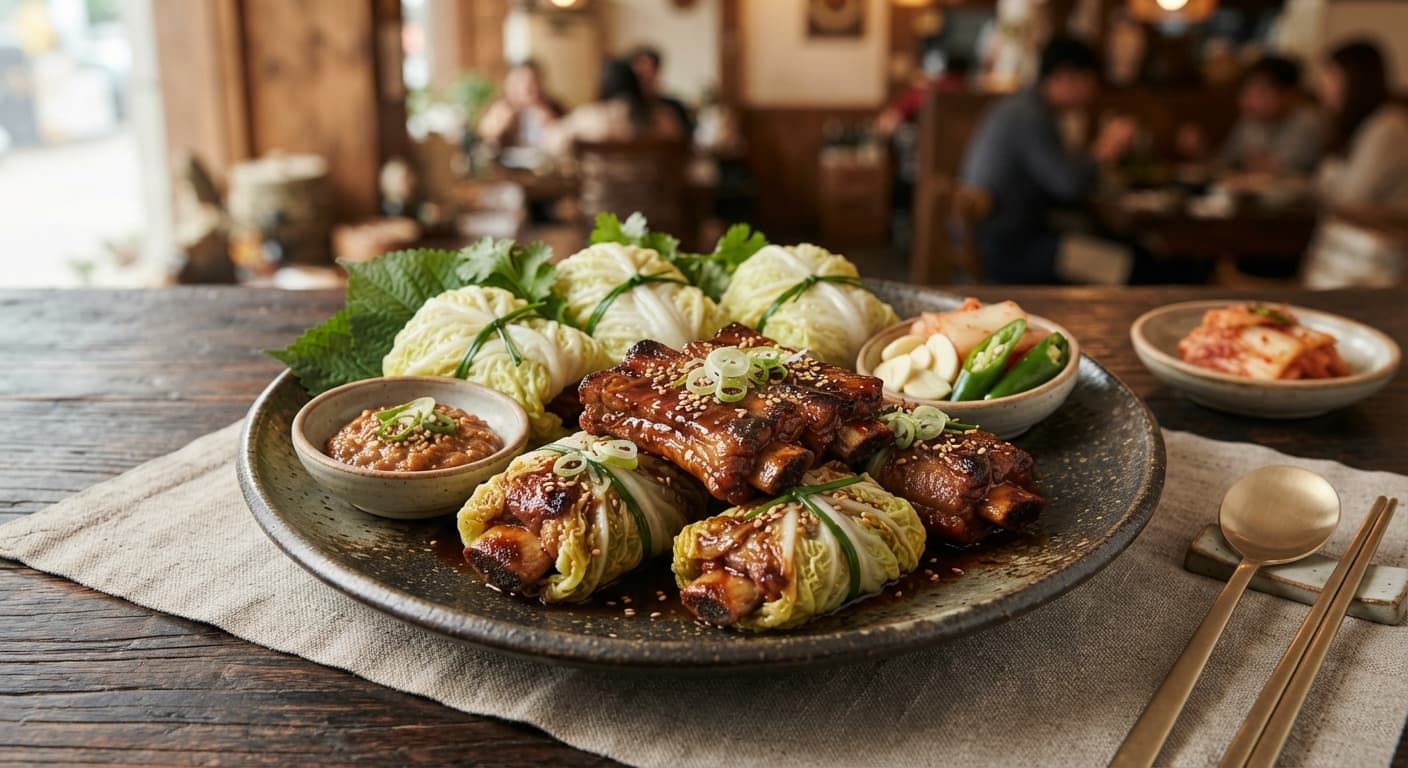 Korean Spareribs Wrapped in Cabbage Leaves with Garlic‑Soy Marinade