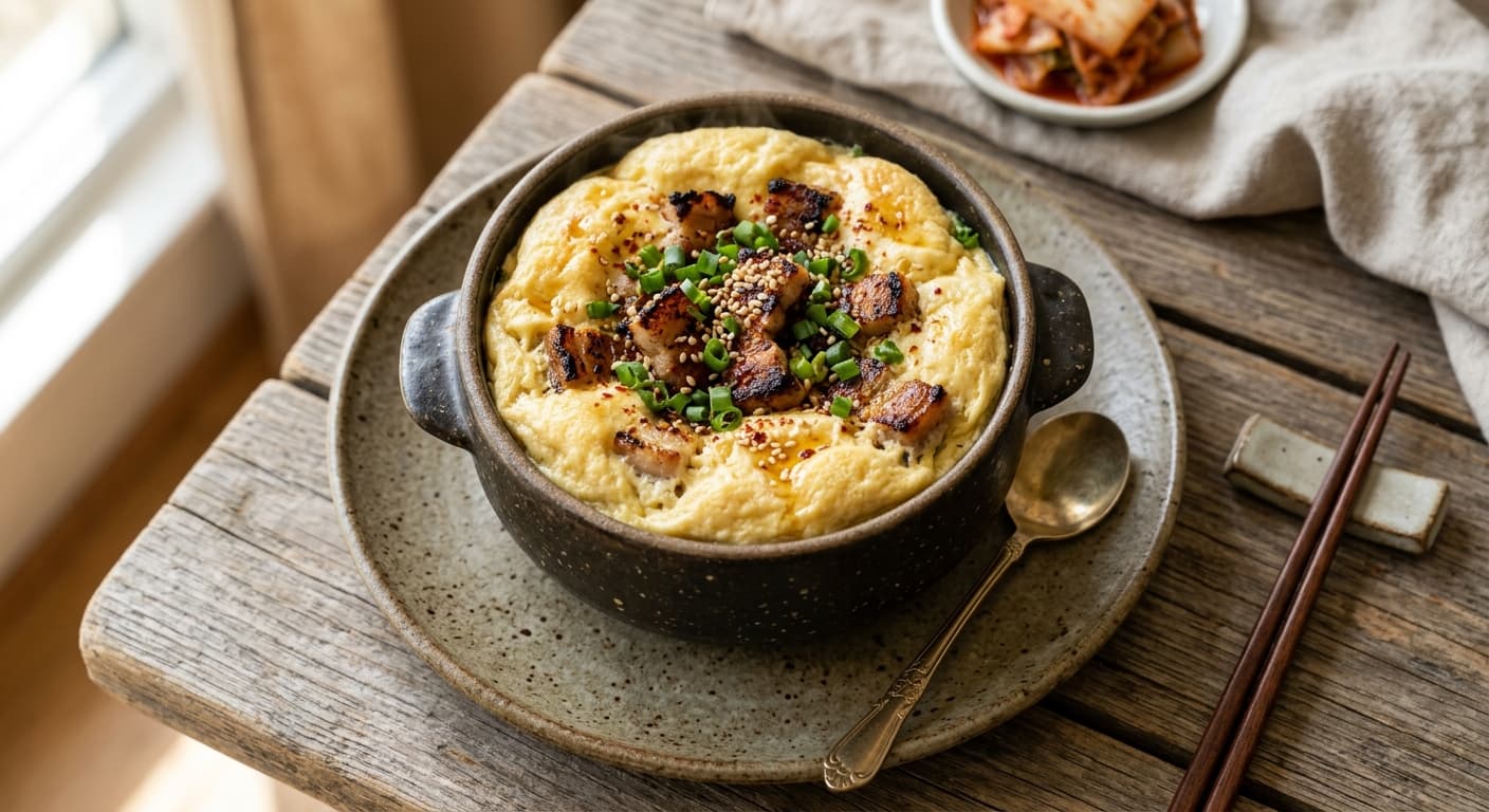 Korean Steamed Egg Soufflé (Gyeran-jjim) with Pork Belly