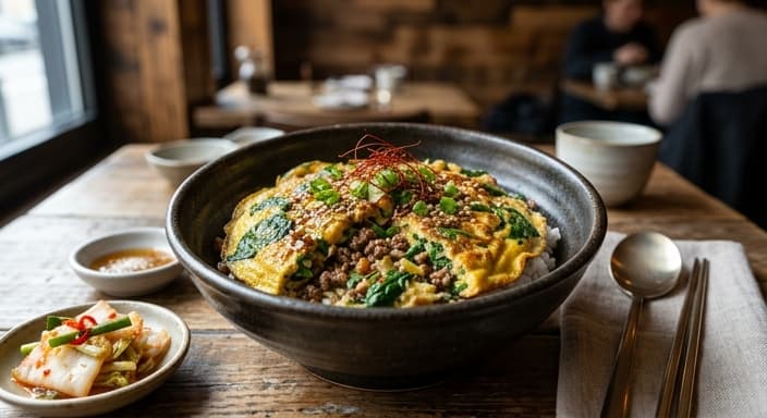 Korean-Style Eggless? (Egg) Spinach Omelet Bowl with Ground Beef (No Wheat)