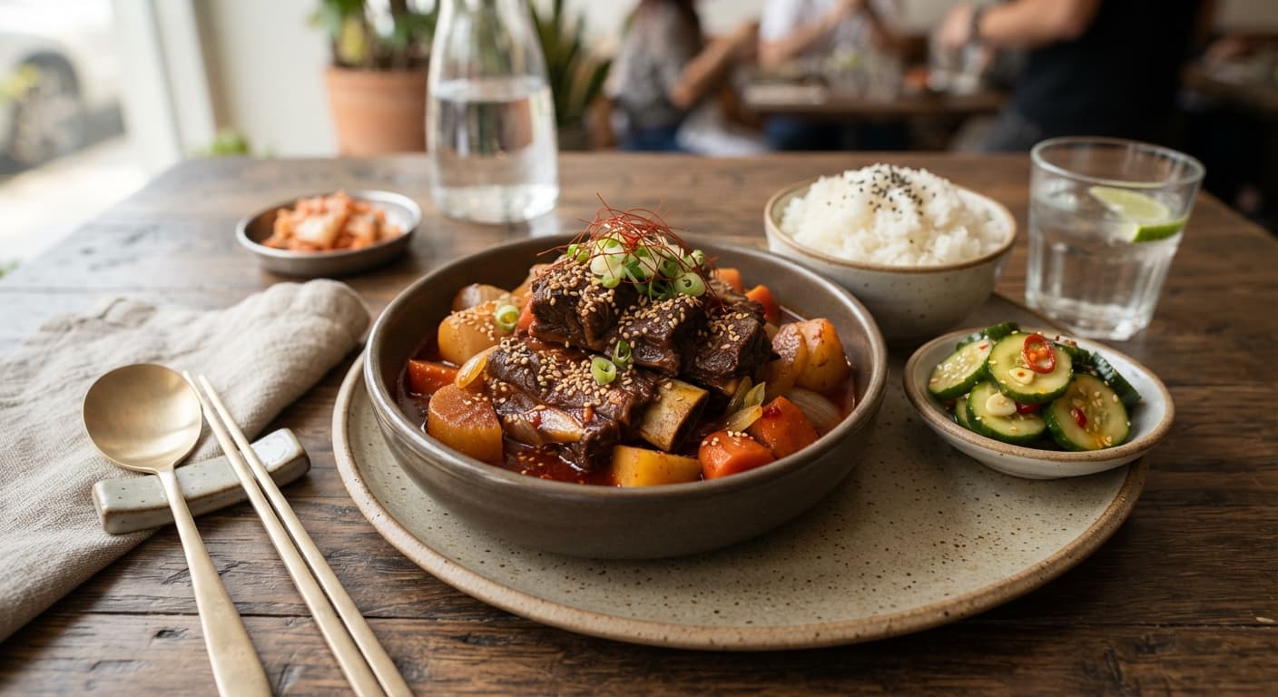 Korean-Style Spicy Braised Beef with Jasmine Rice and Quick Cucumber Pickles
