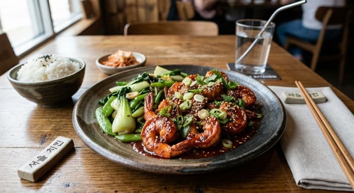 Korean-Style Spicy Gochujang Shrimp with Garlic Greens
